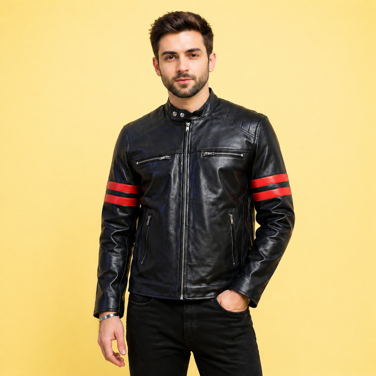 Hunter Men’s Black Leather Red Striped Cafe Racer Jacket