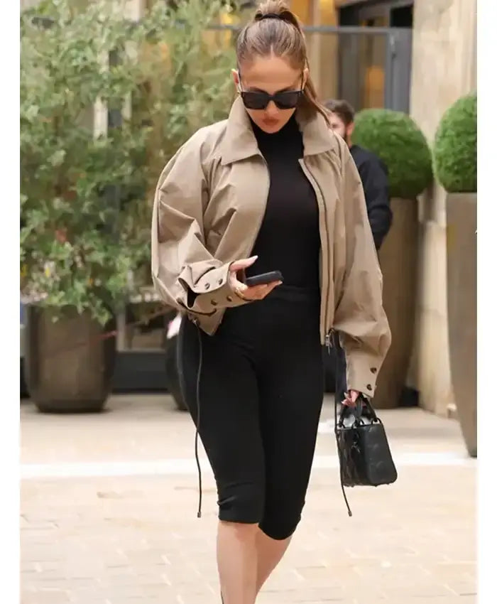 Jennifer Lopez Breezy 2026 Khaki Bomber Jacket