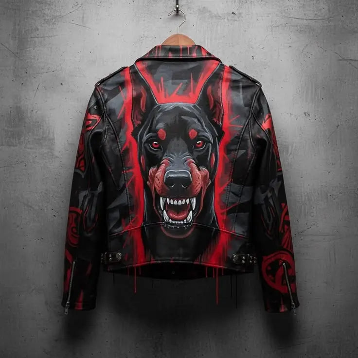 Red Fang Rottweiler Leather Biker Gothic Jacket