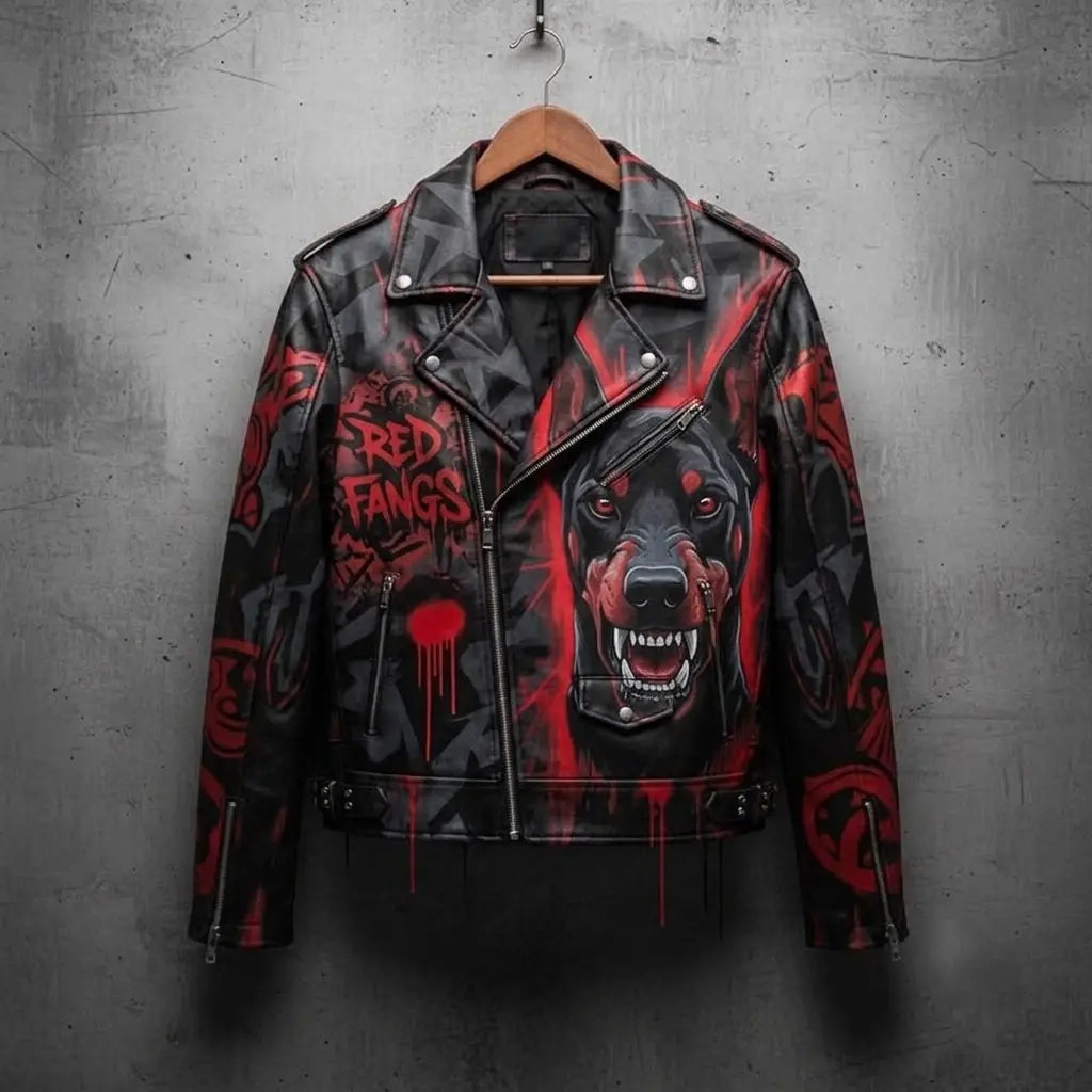 Red Fang Rottweiler Leather Biker Gothic Motorcycle Jacket