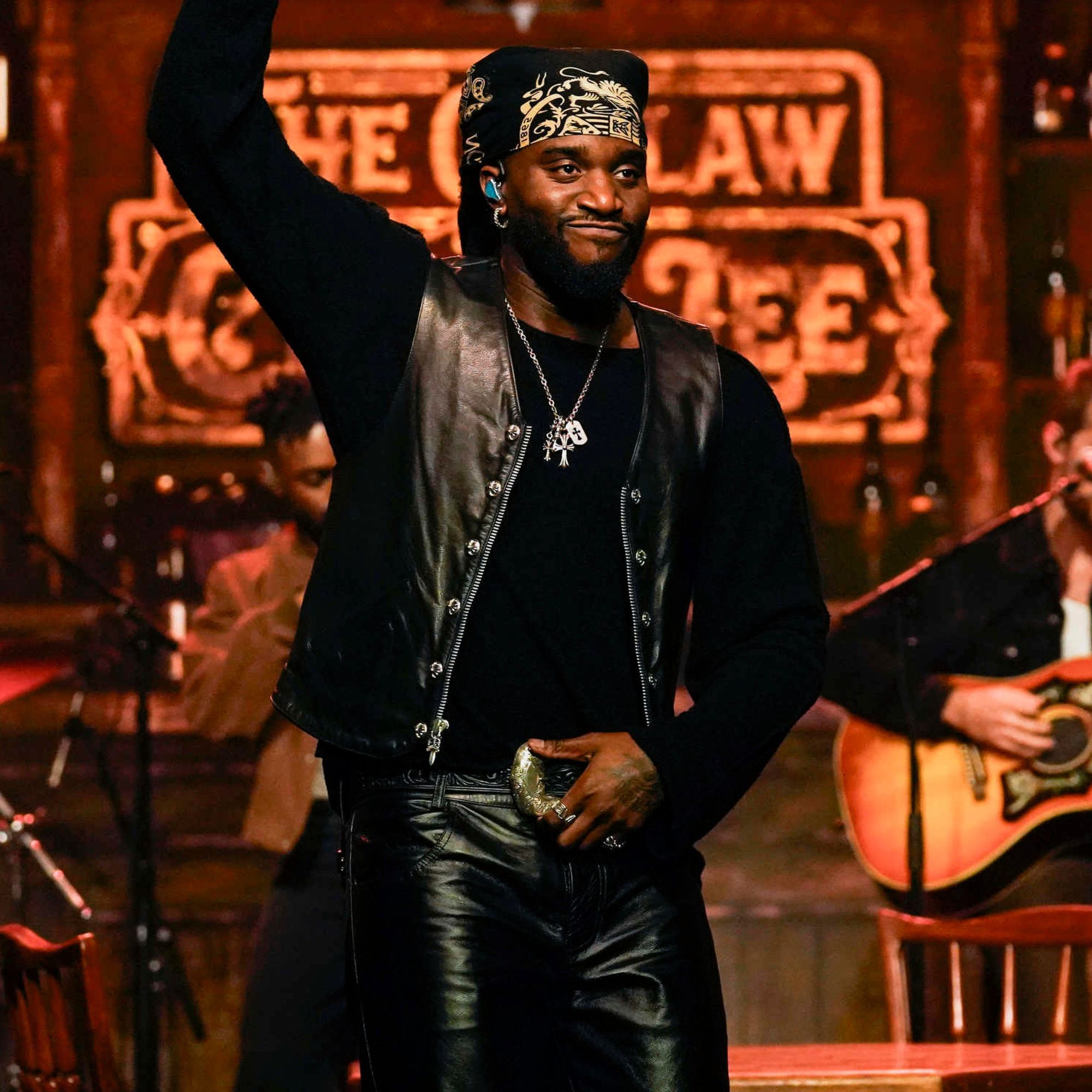 Shaboozey The Tonight Show 2026 Black Leather Western Vest