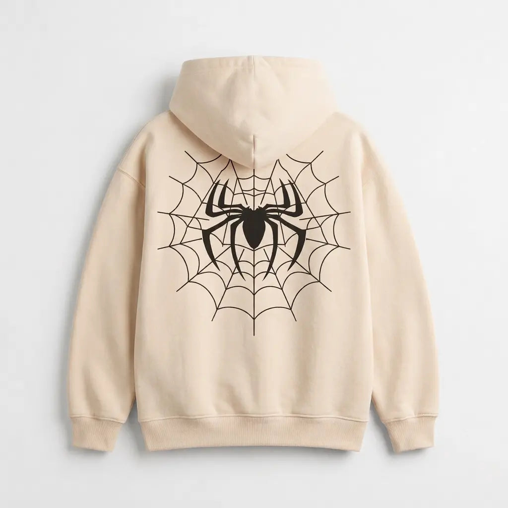 Spider Web Graphic Beige Hoodie