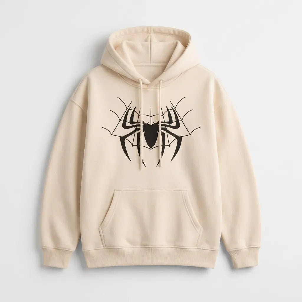 Spider Web Graphic Beige Oversized Hoodie