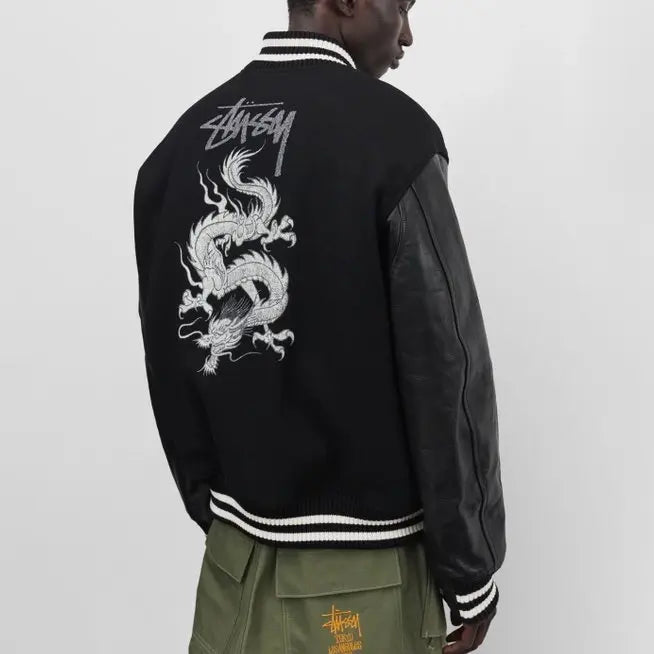 Stüssy x eYe JUNYA WATANABE MAN Dragon Print Stadium Black Jacket