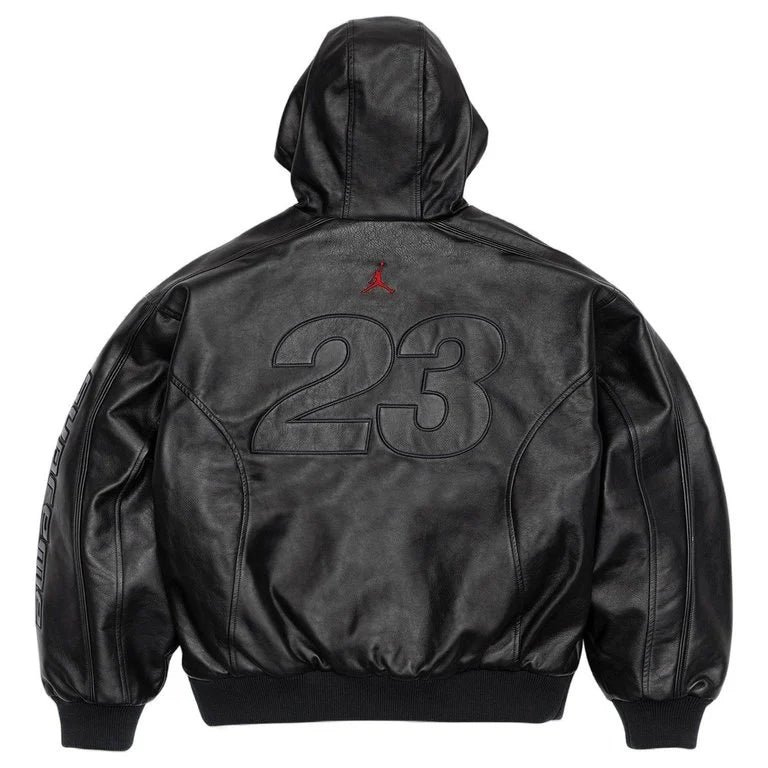 Supreme x Jordan Hooded Leather   Black Zip Jacket