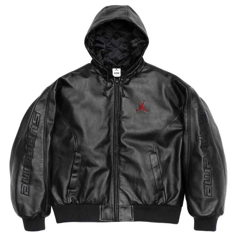 Supreme x Jordan Hooded Leather   Black Zipper Jacket