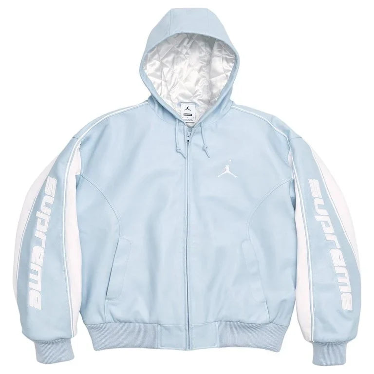Supreme x Jordan Hooded Leather   Blue Jacket