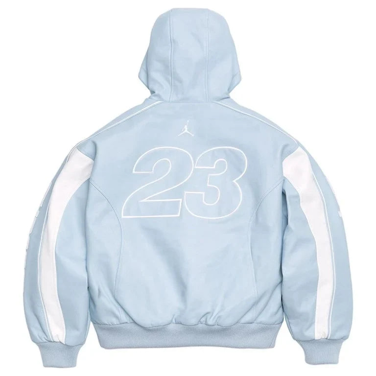 Supreme x Jordan Hooded Leather   Blue Zipper Jacket