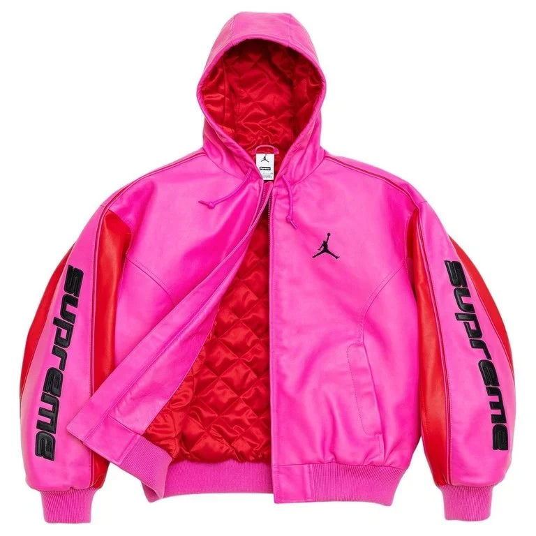 Supreme x Jordan Hooded Pink Leather Jacket