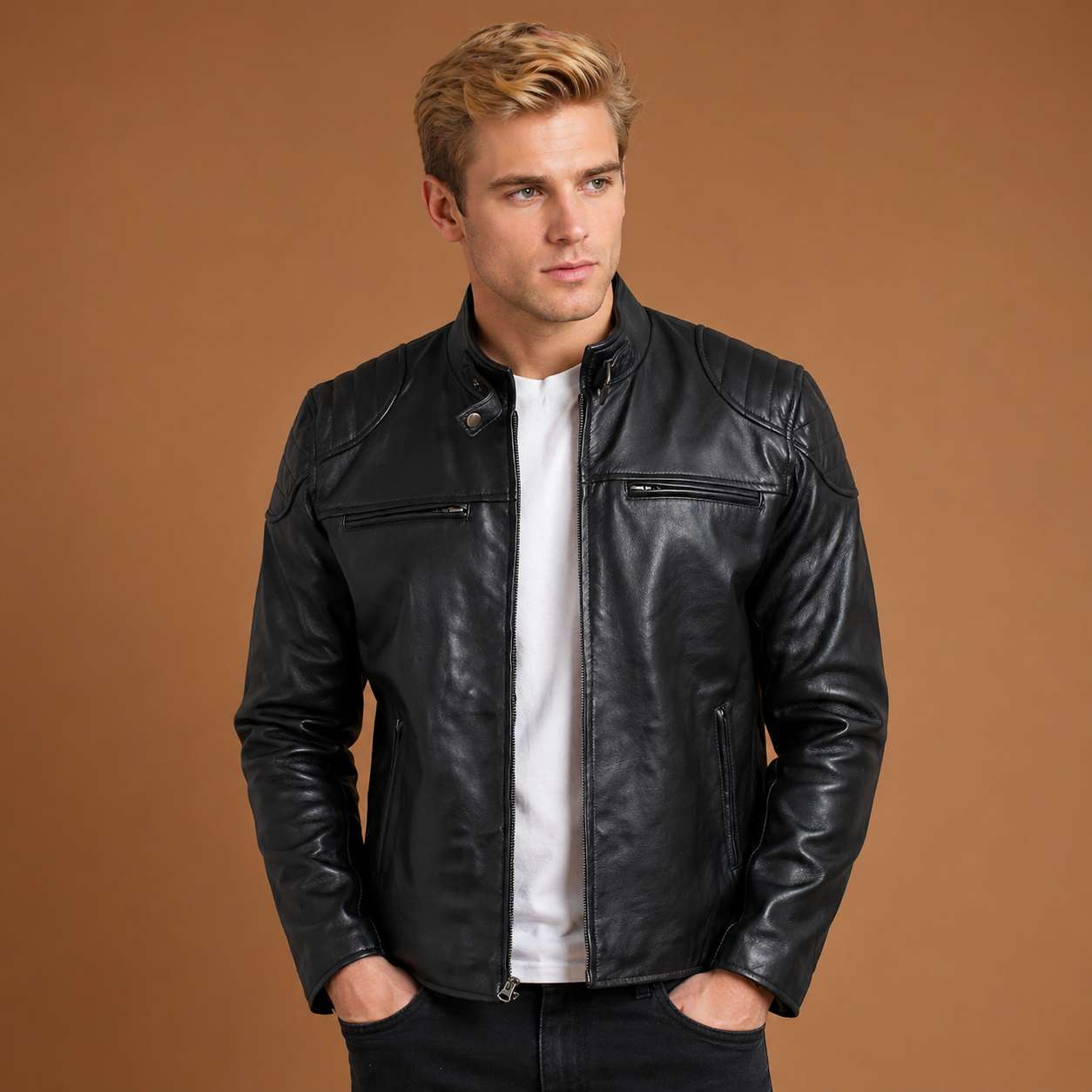 Vermont Black Leather Cafe Racer Jacket