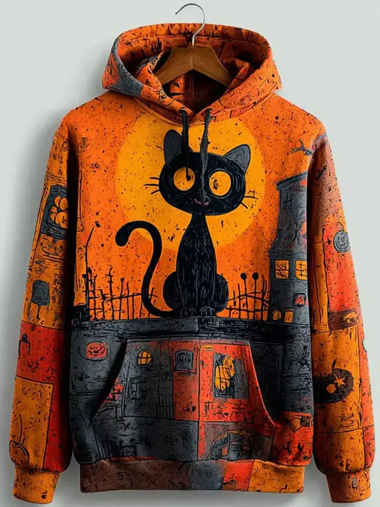 Vintage Black Cat Halloween Patchwork Hoodie