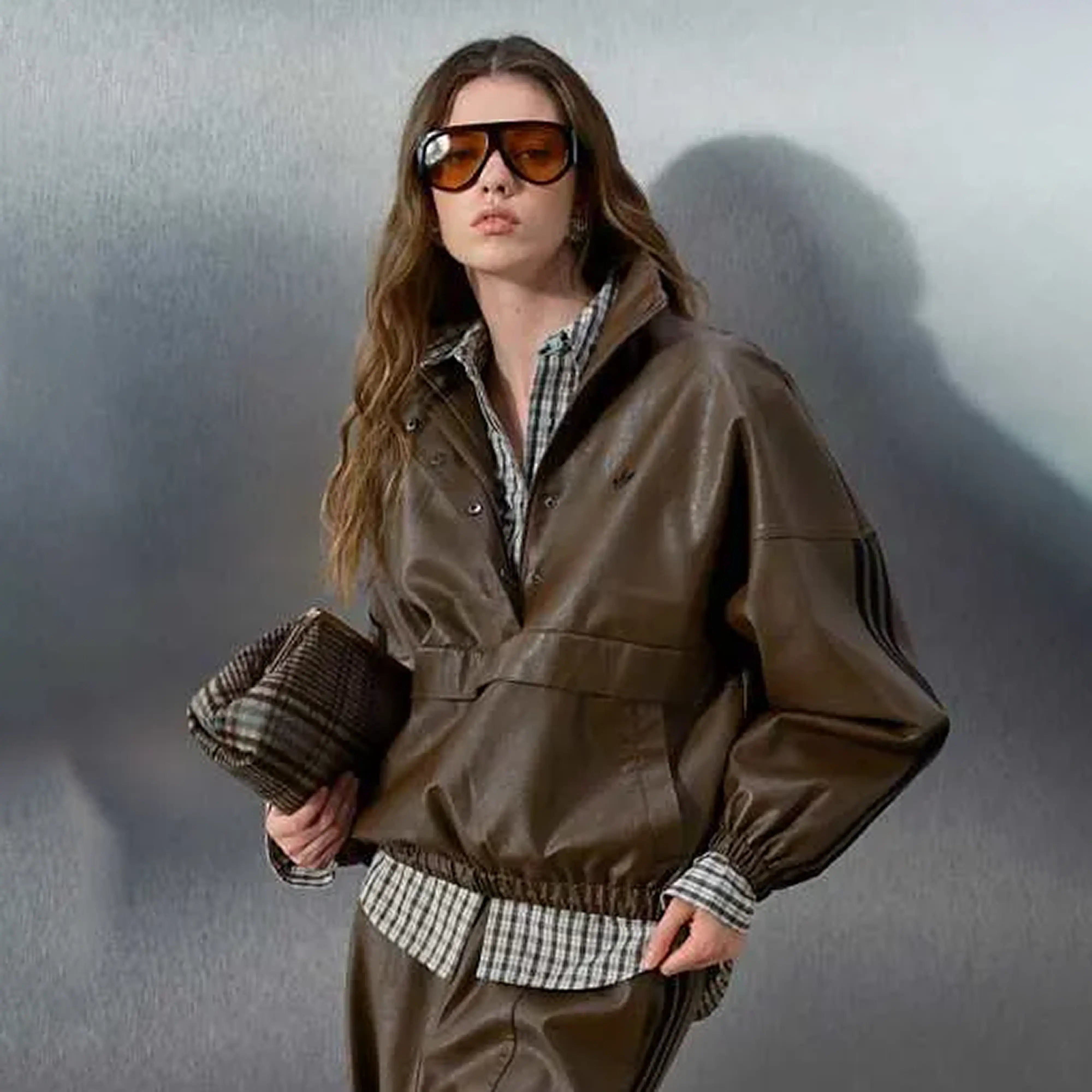 adidas inspired brown leather style track jacket