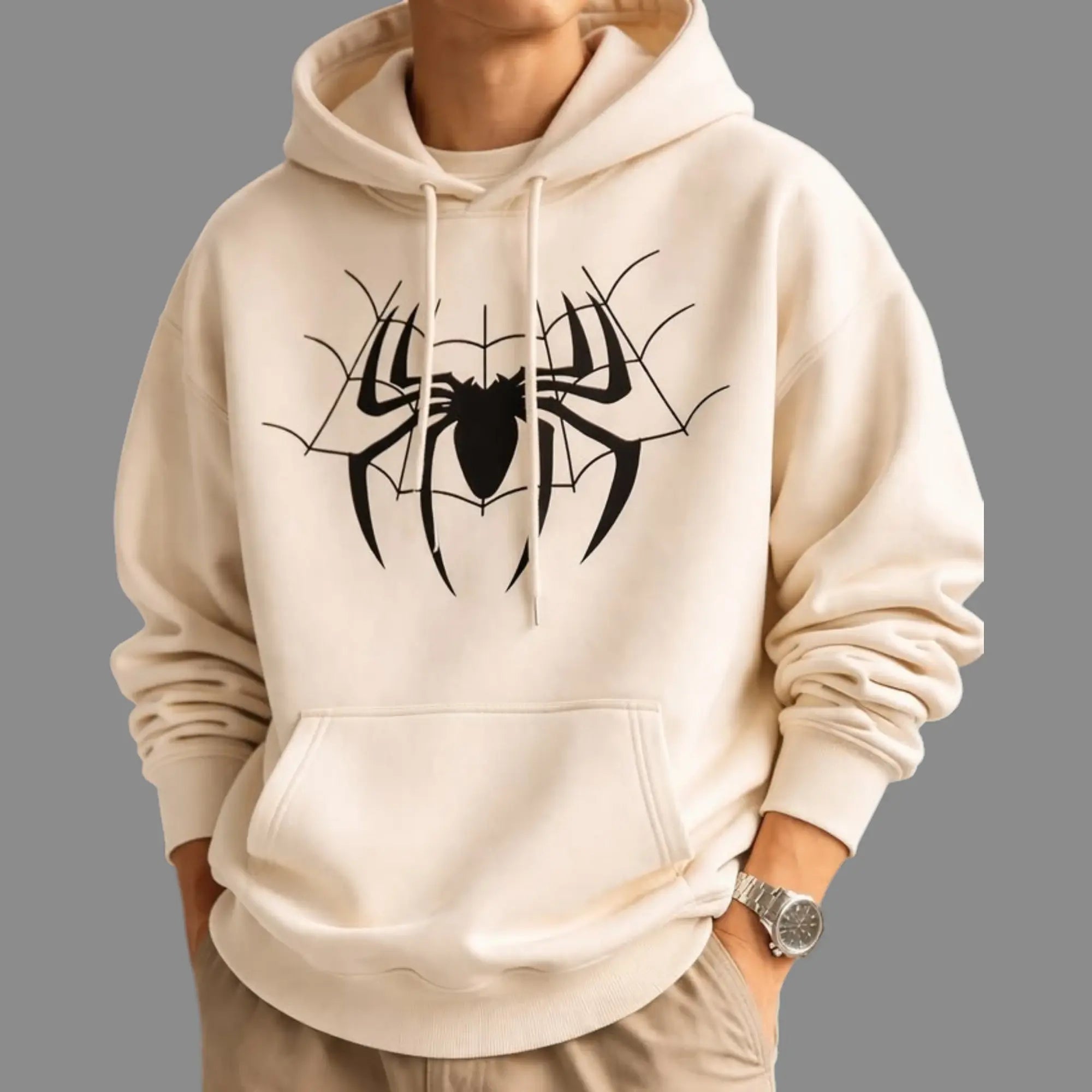 Spider Web Graphic Beige Oversized Hoodie