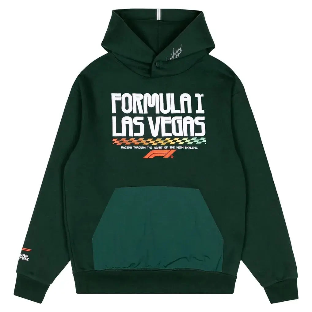 mens green las vegas grand prix collage hoodie