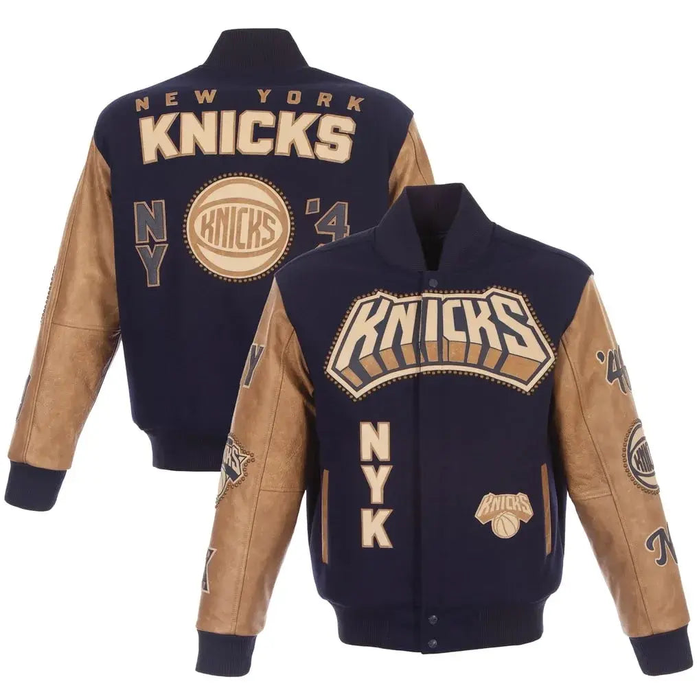 navy tan knicks varsity  jacket
