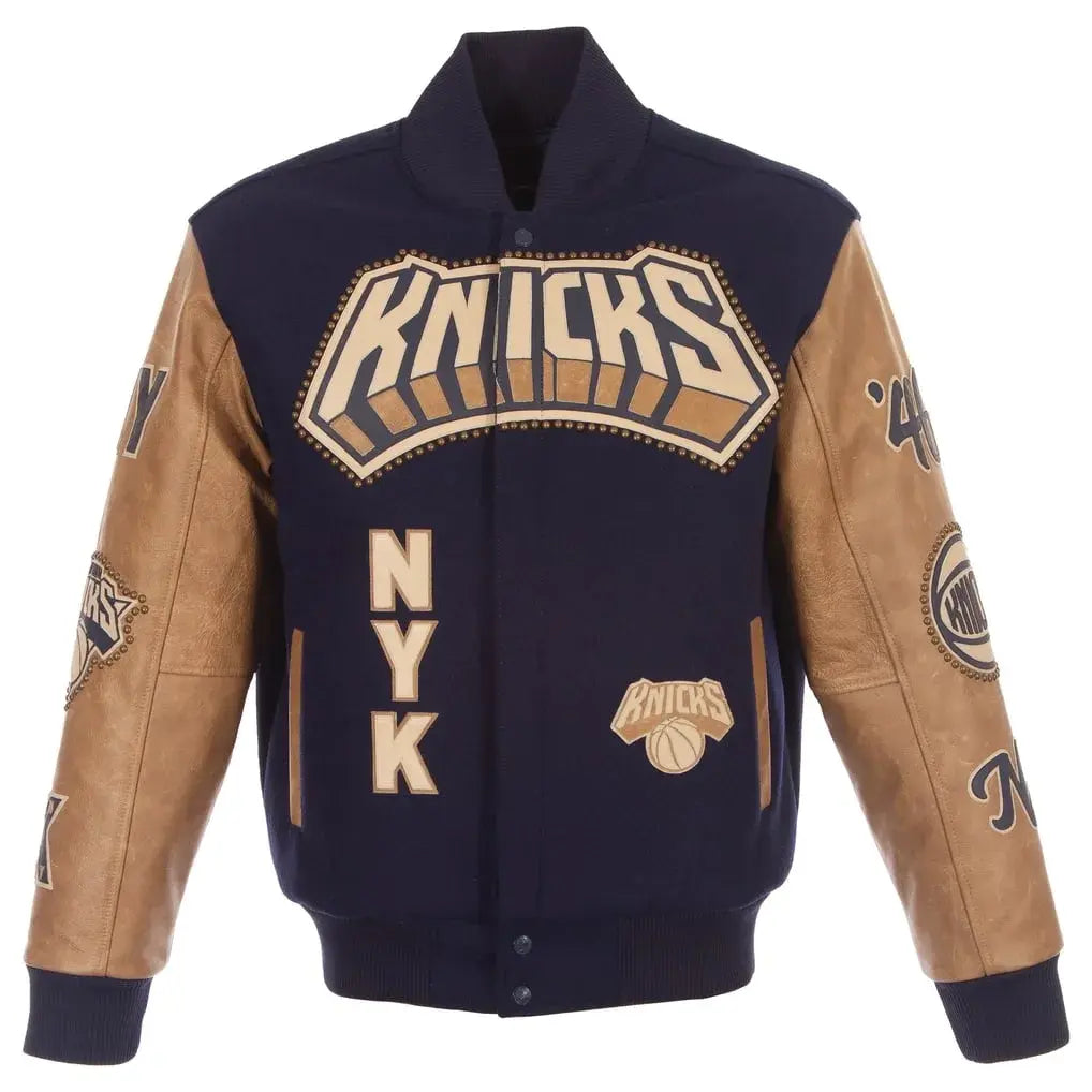 recreated new york knicks wool leather jacket